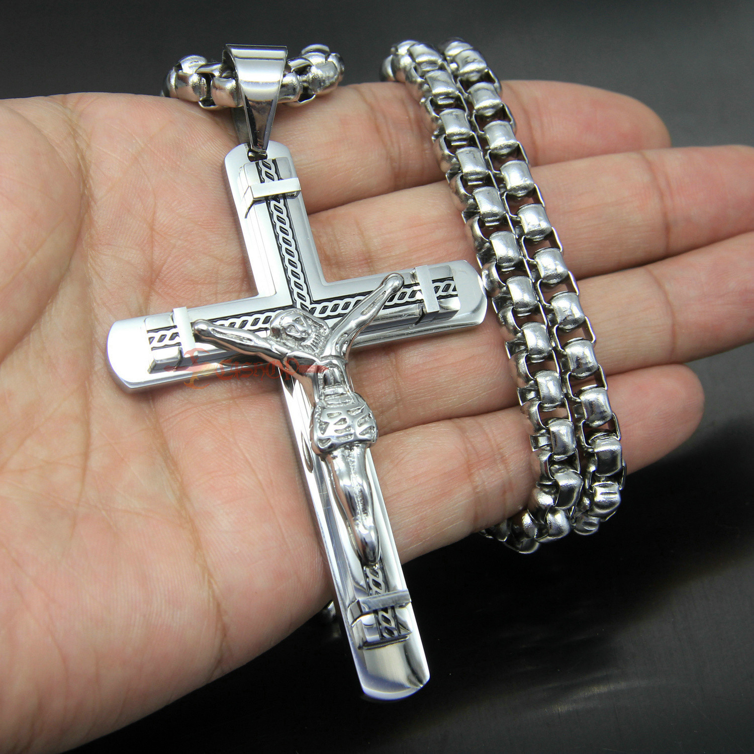 Heavy Catholic Jesus Christ INRI Cross Crucifix Stainless Steel Necklace Pendant
