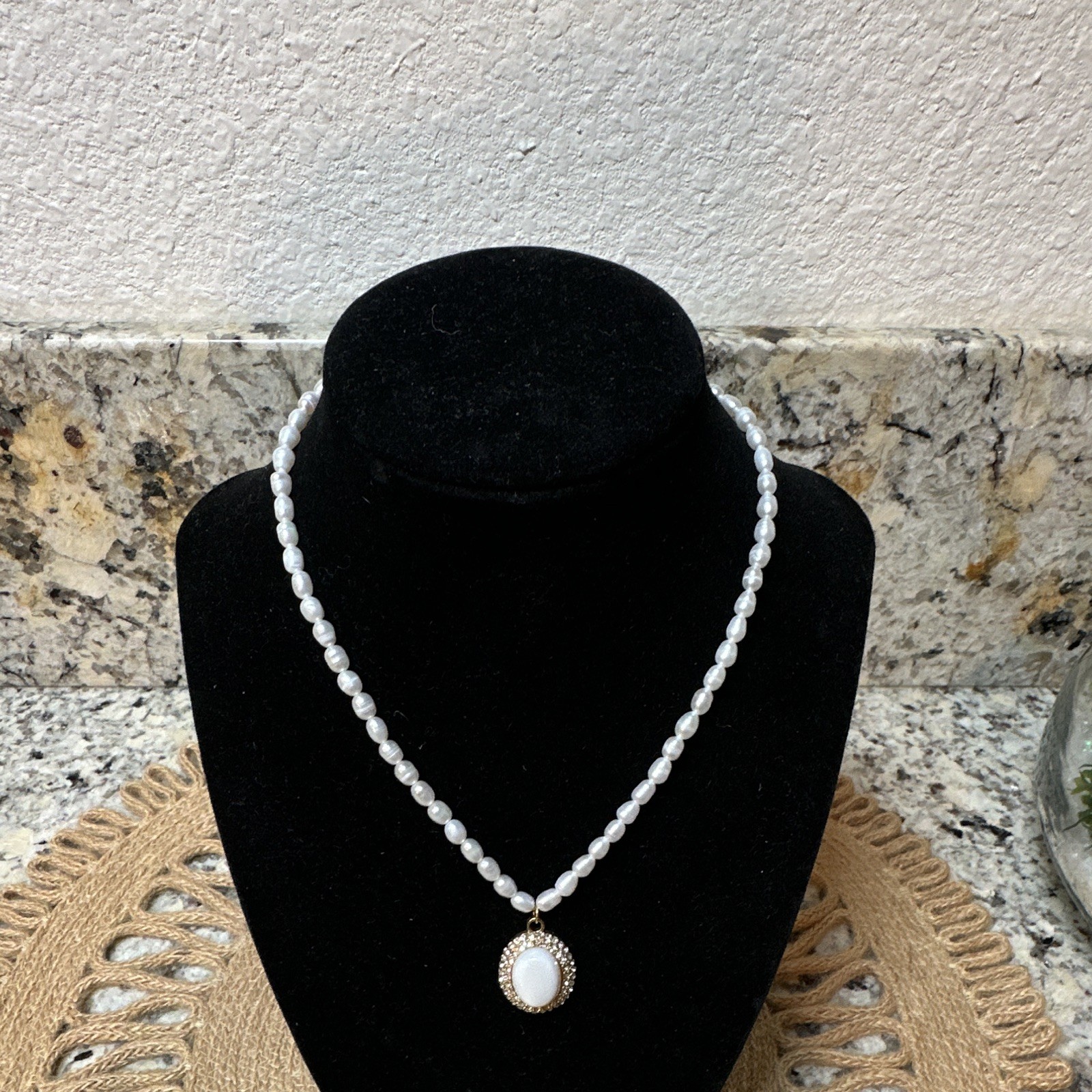 White Pearl Beaded Necklace, Gold Tone Oval Charm Pendant, Crystal Halo