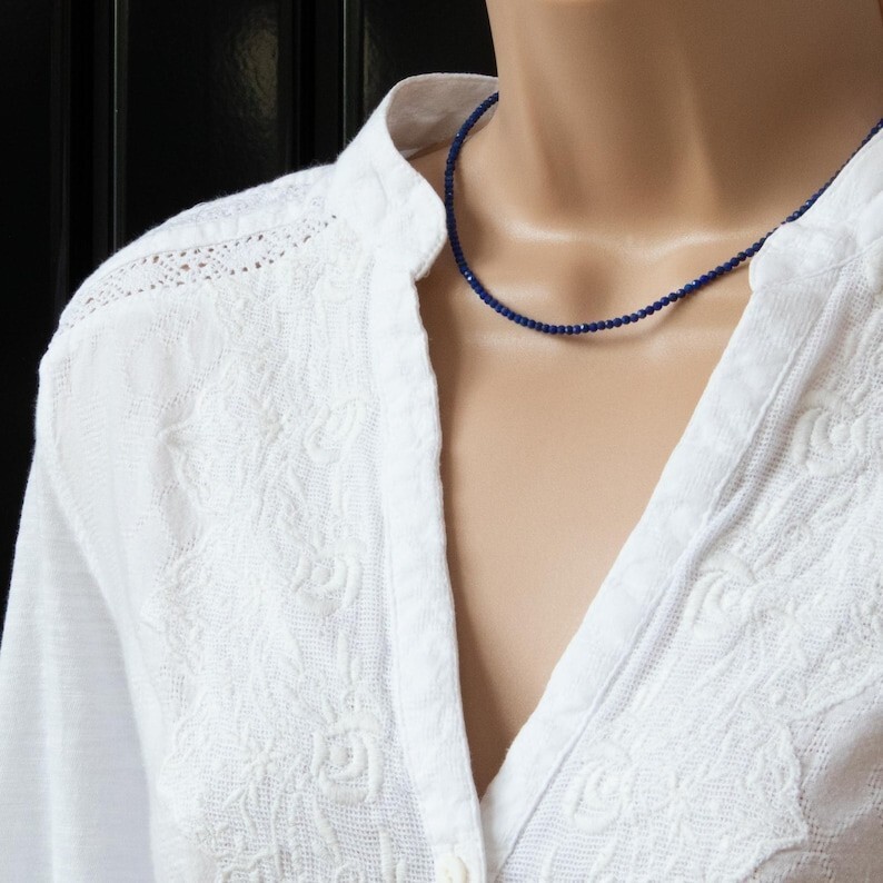 Dainty Lapis Lazuli Faceted Round Gemstone Beads Handmade Women Necklaces 18”
