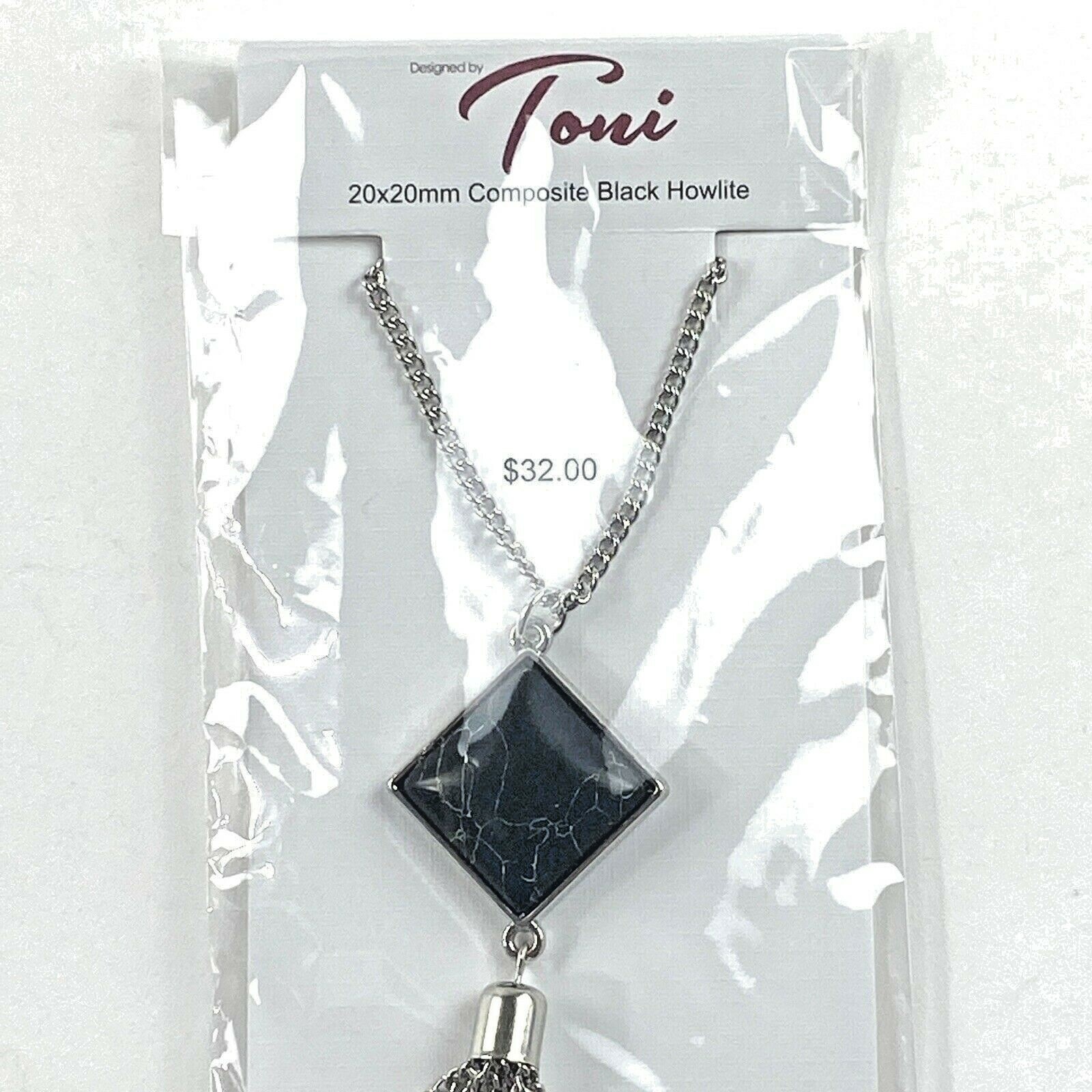 Toni 20×20 mm Composite Black Howlite Silvertone Pendant Long Chain Necklace