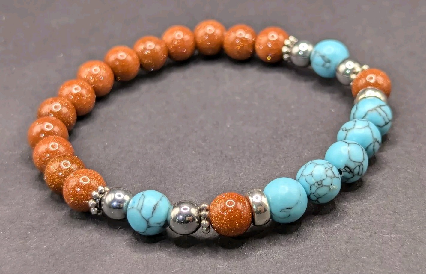 Goldstone, Blue Howlite Beaded Stretch 8mm Artisan Bracelet (18cm) Medium Wrist