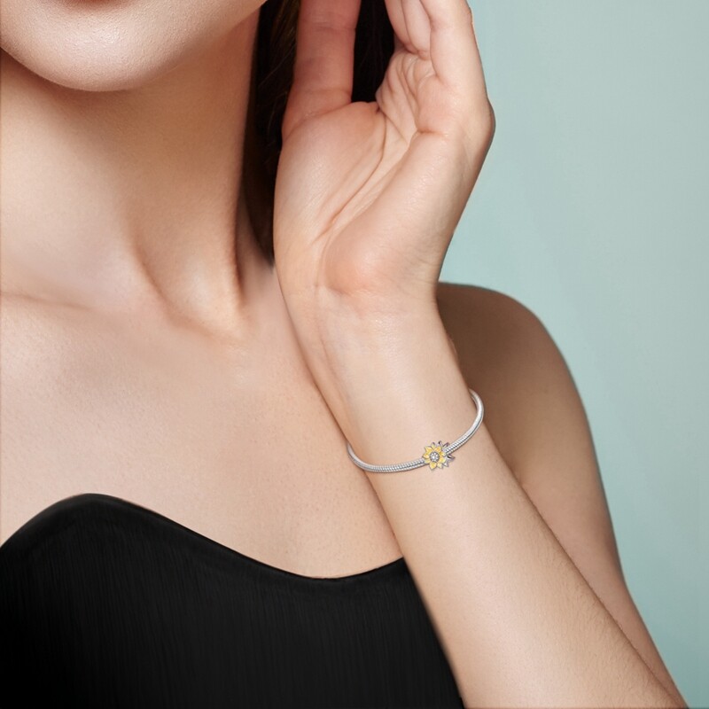 MULA European Silver Plated Charm CZ Enamel Cream Sunflower For Women Bracelet