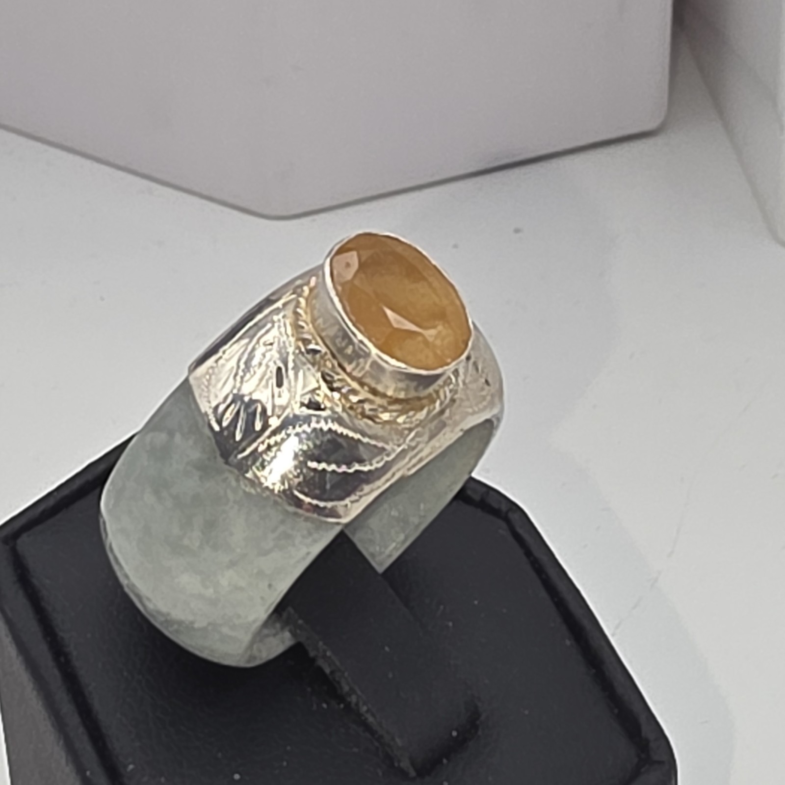 Artisan Carved 13.2mm Jade Band Ring W/ Silver Overlay Yellow Gemstone Size 9