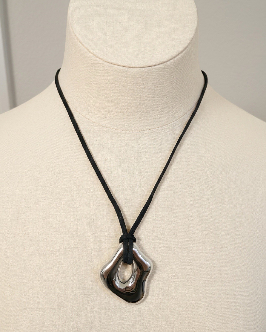Silver Tone Asymmetrical Abstract Charm Pendant Necklace, Black Adjustable Cord