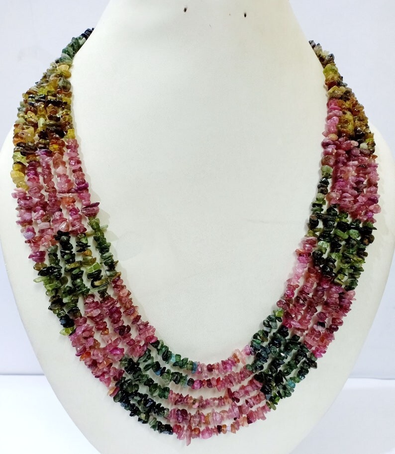 5 Strand A++ Multi Tourmaline Uncut chips Gemstone Beads Handmade Necklace 18”