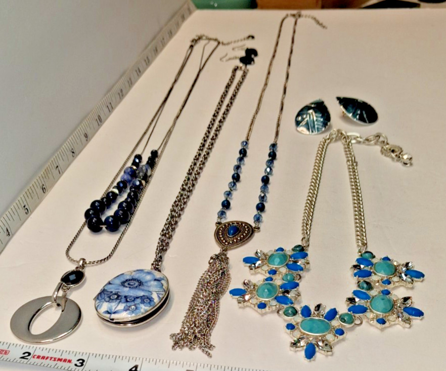Nice Lot of 4 Fashion Necklaces = Locket,Charm Tassel,Shades of Blue & Earrings