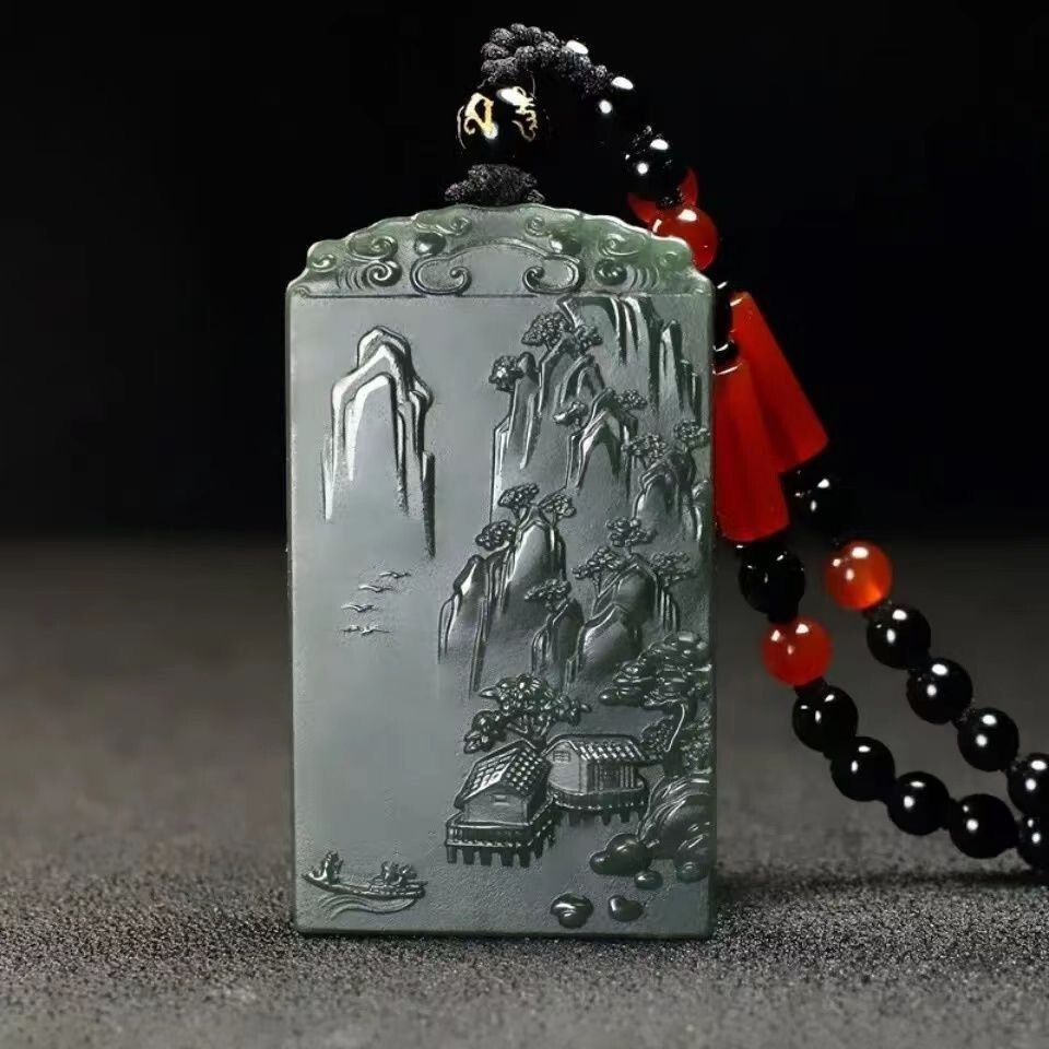 CERTIFIED100% NATURAL HOTAN RIVER JADE HAND CARVED LANDSCAPES PENDANT 36*62*8mm