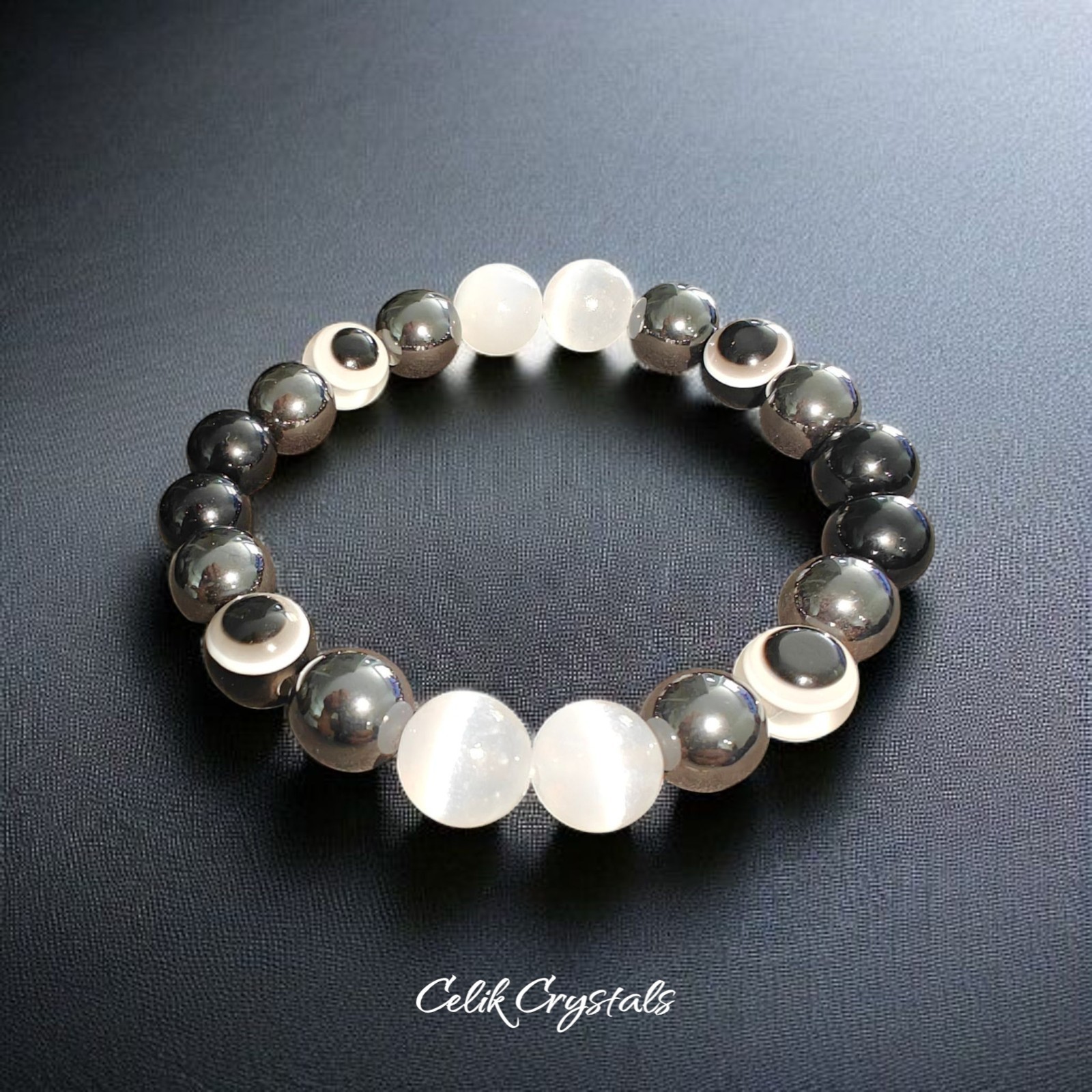 Black Tourmaline Selenite Hematite Evil Eye Bracelet 10mm Natural Stones Unisex