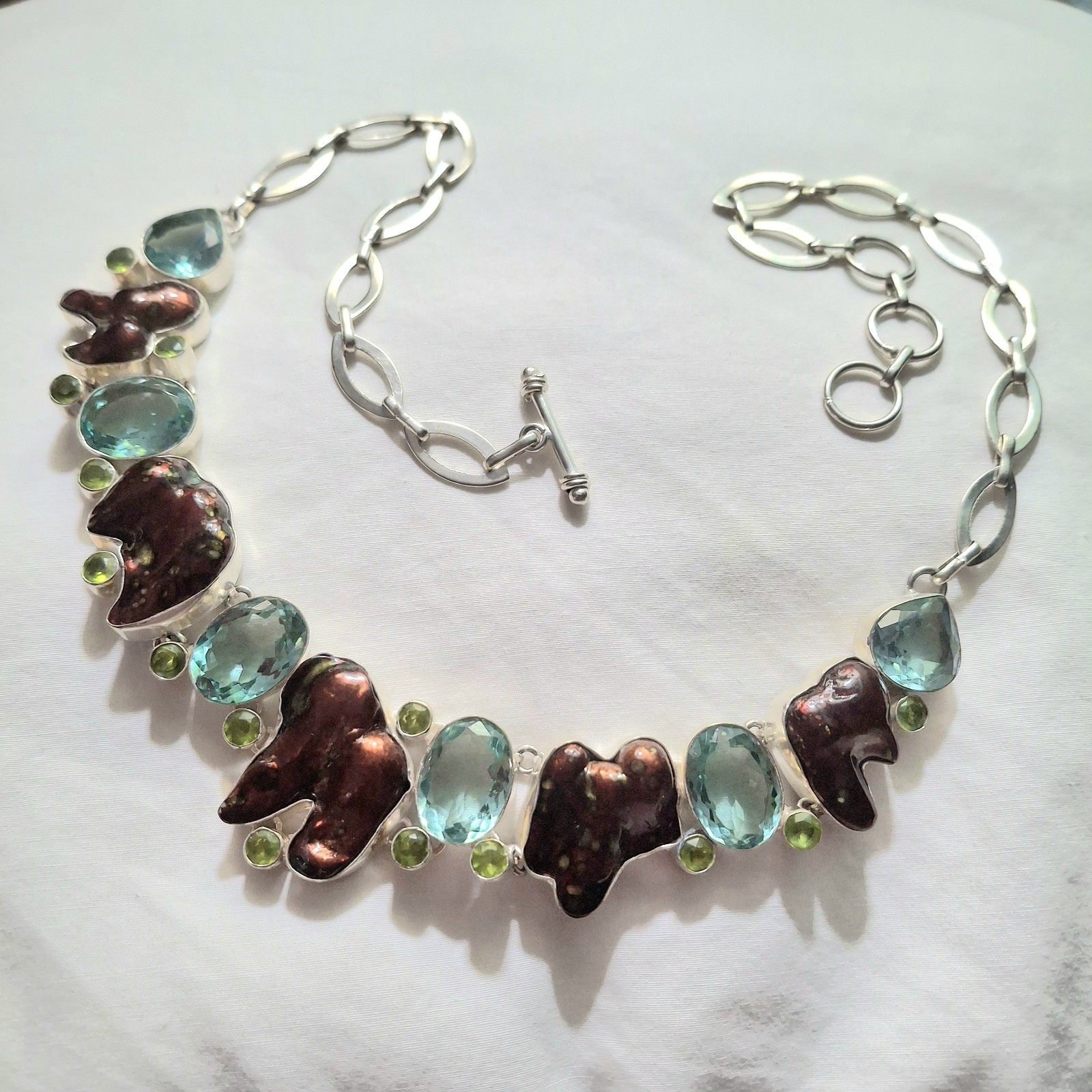 Y2K Necklace SIGNED 925 HUGE! Boho Blue Topaz Dyed Blister Pearls Peridot Estate