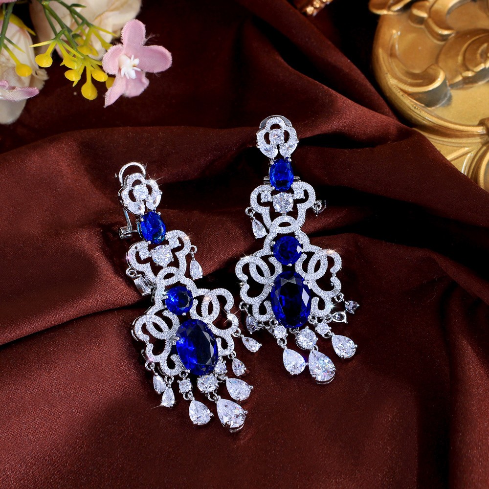 Vivid Blue CZ Oval Dangle Drop Chandelier Earrings Silver Plated Bridal Jewelry