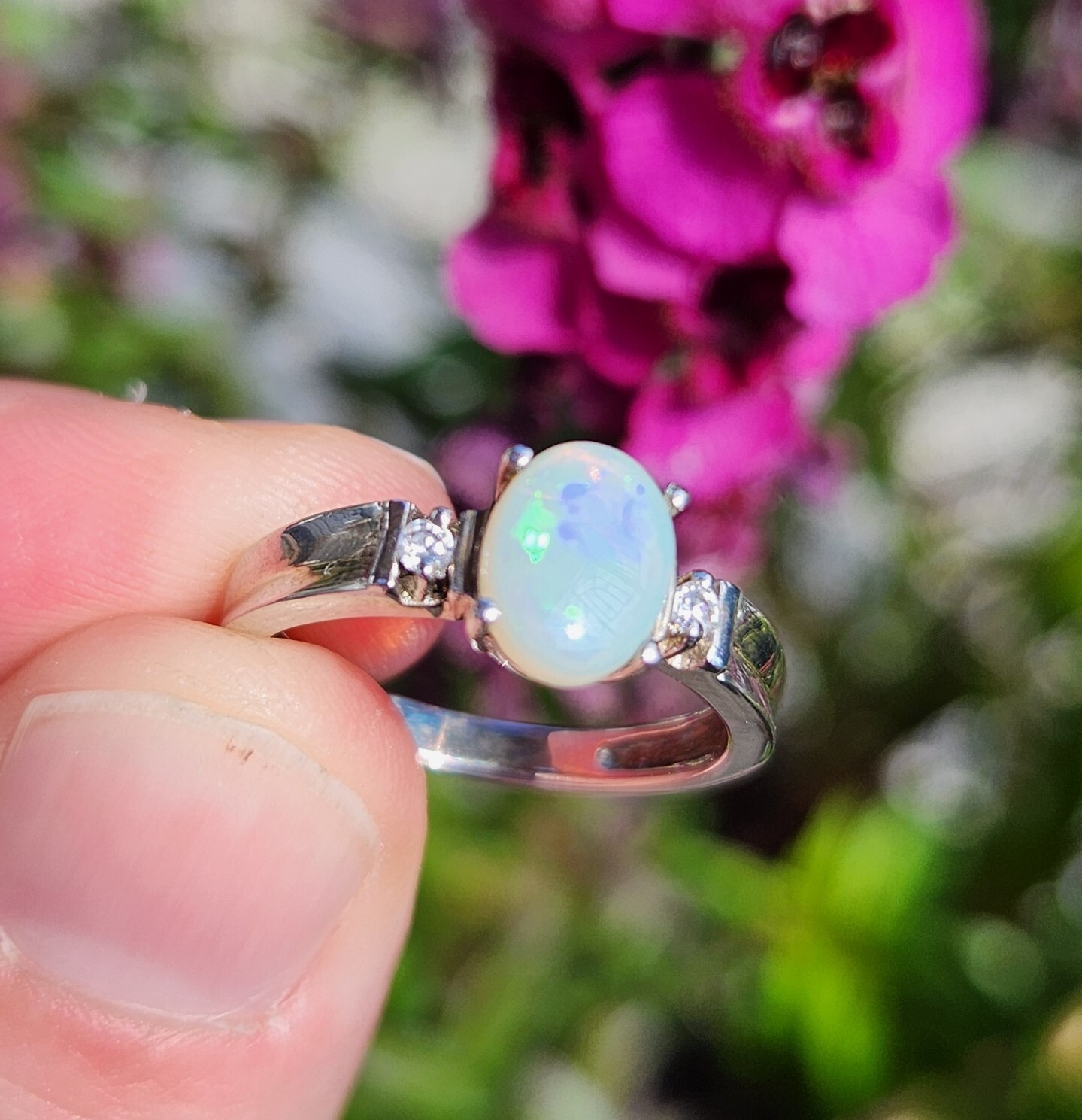 Opal Ring Silver .925 band prong setting approx size 8 / 56-58mm