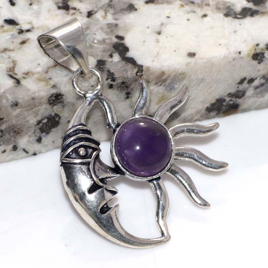 925 Silver Plated Moon & Sun Round Natural Amethyst Pendant 1.7″ Trendy GW