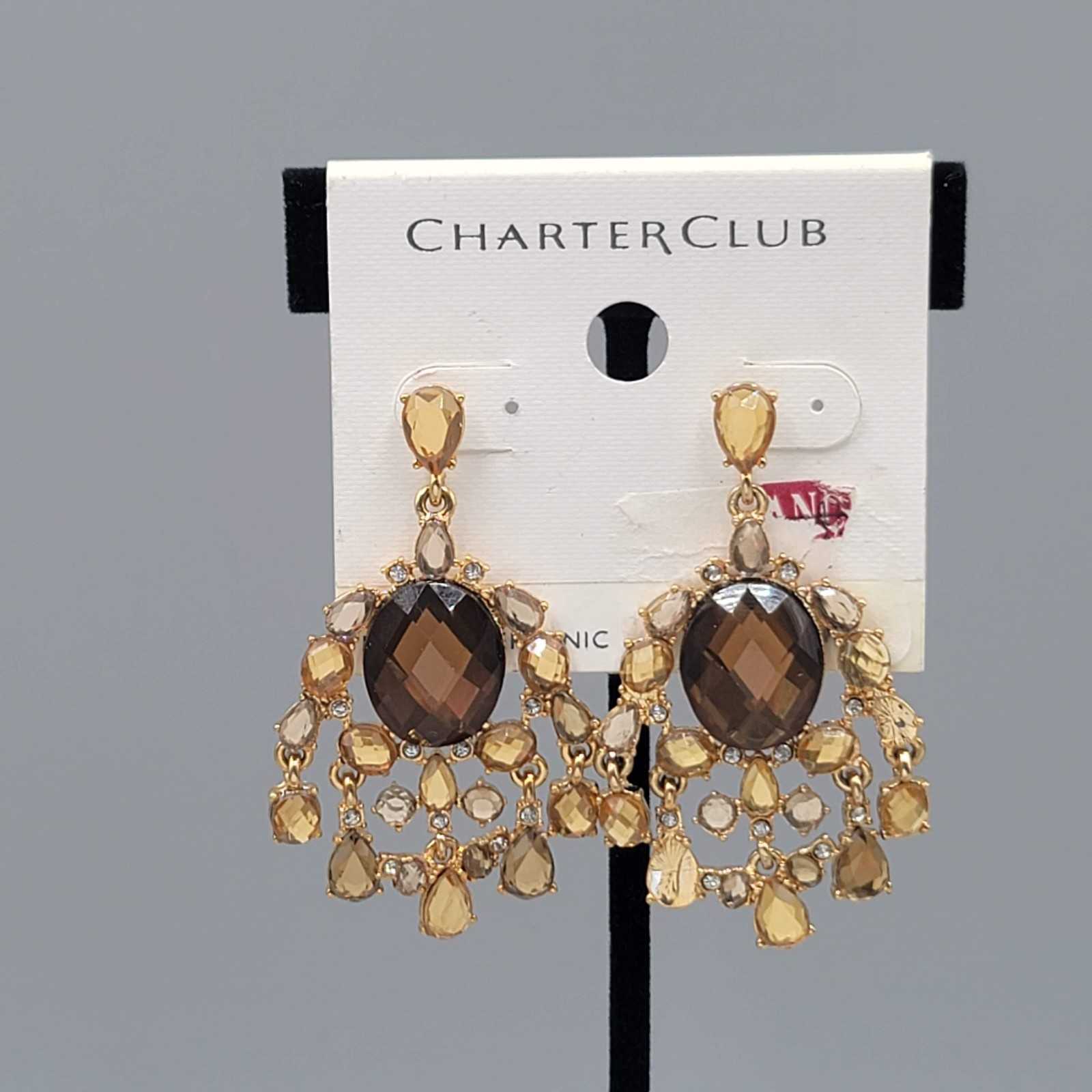 Charter Club Brown Rhinestone Pierced Earrings Gold tone Chandelier 2″
