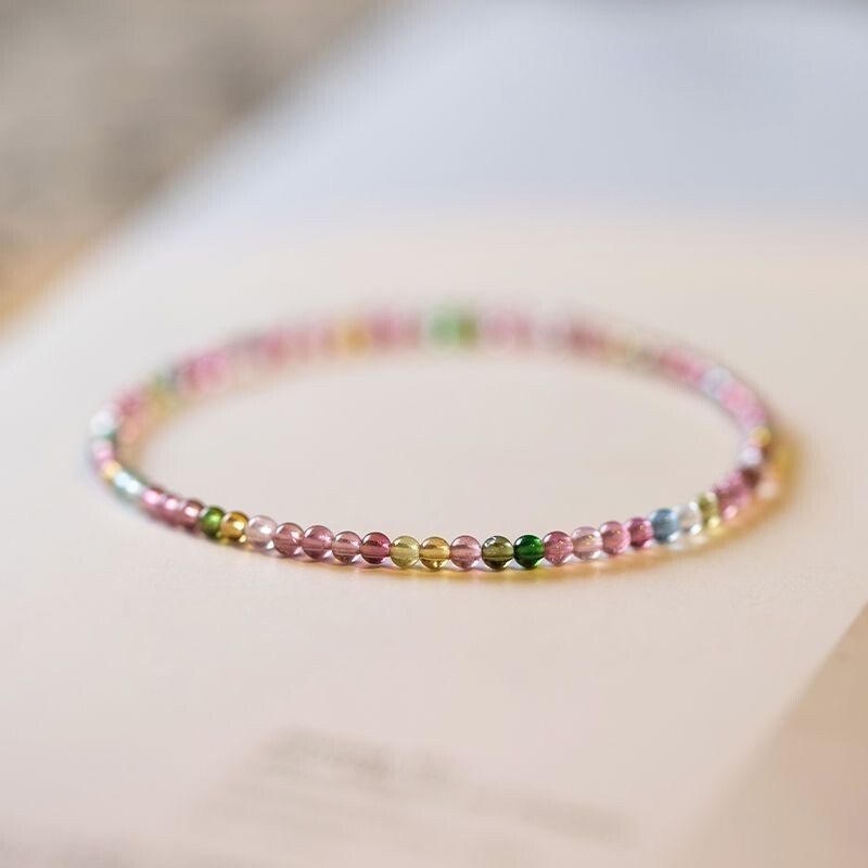 Rainbow Tourmaline 2mm Round Bead Healing Dainty Minimalist Stretch Bracelet
