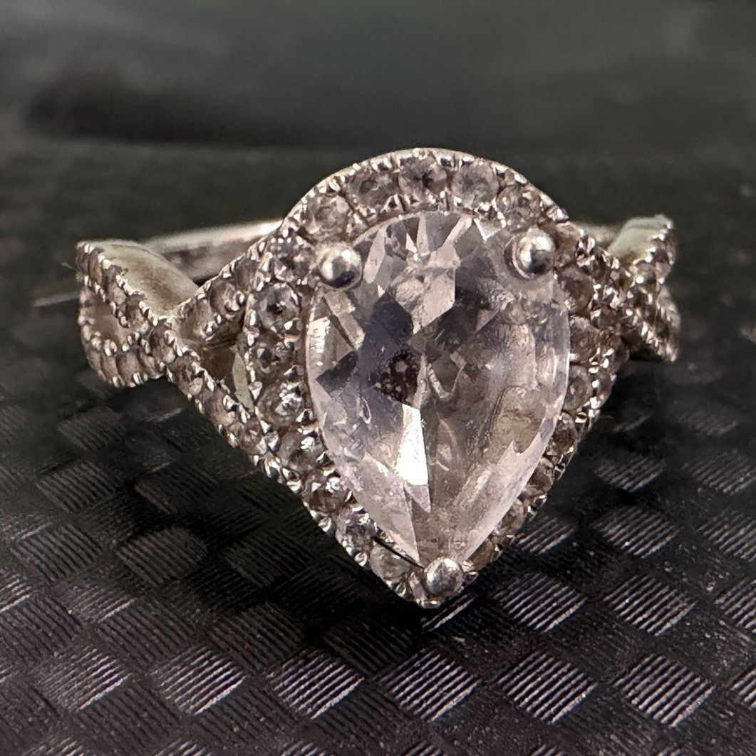 Zales Silver Pear White/Colorless White Topaz Halo Cocktail Ring, Size 7.5