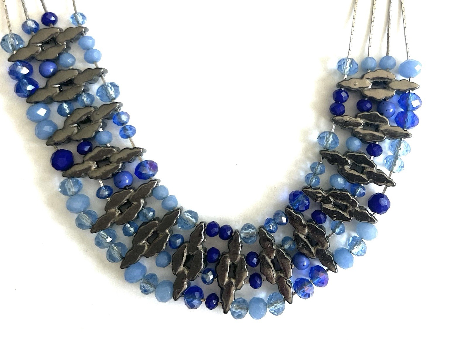 Blue Multi Strand Beaded Statement Necklace Bib Collar Faceted Glass Silver Tone
