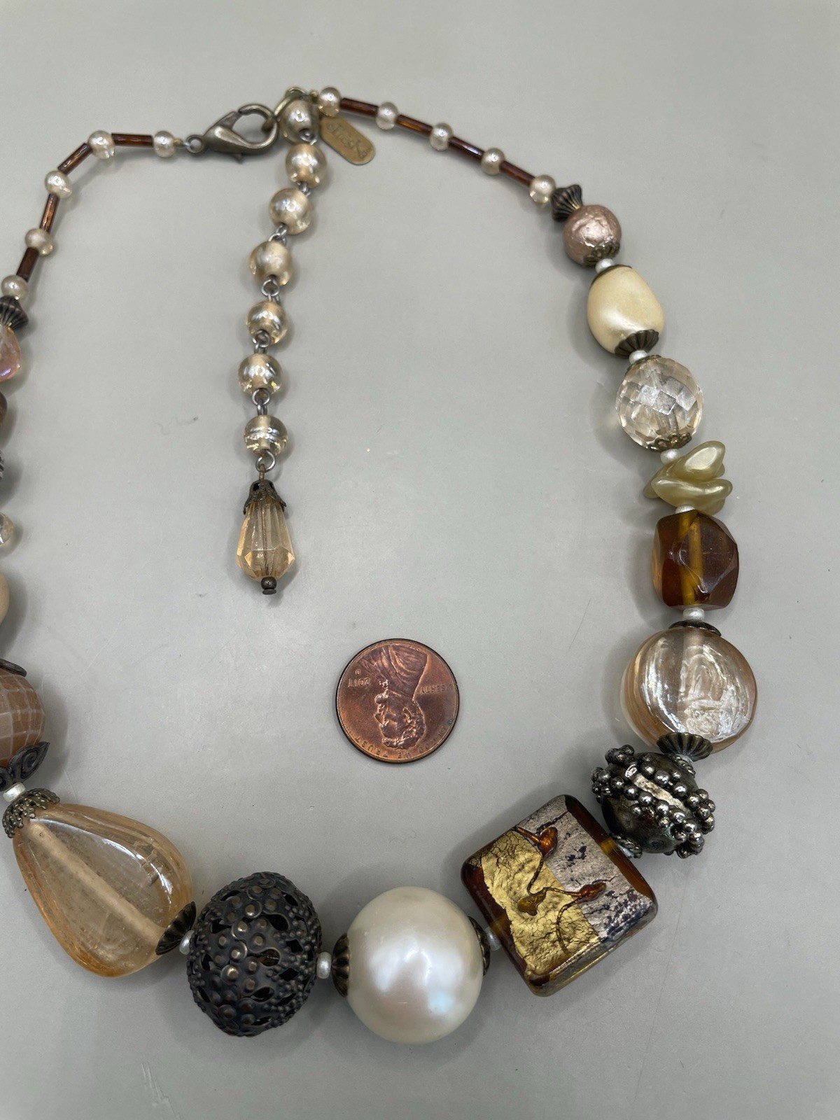Vintage Signed Treska SilverTone Multicolor Mixed Materials Glass Beads Necklace
