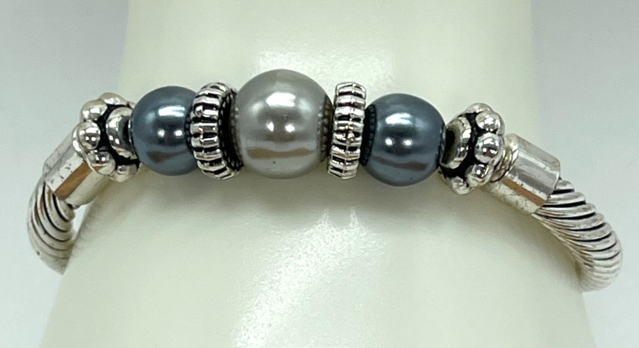 Bracelet Stainles Steel w/Gray Simulated Pearls & Clear Crystal Accents 7 Inches