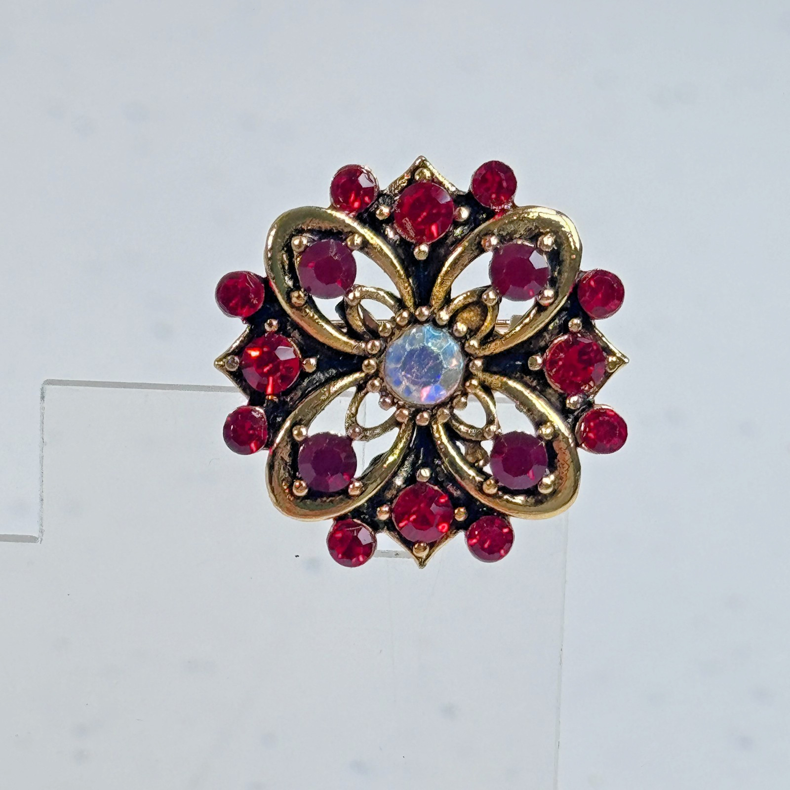 Brooch Red Rhinestone Aurora Borealis Floral Gold Tone Layered Flower 1576-10
