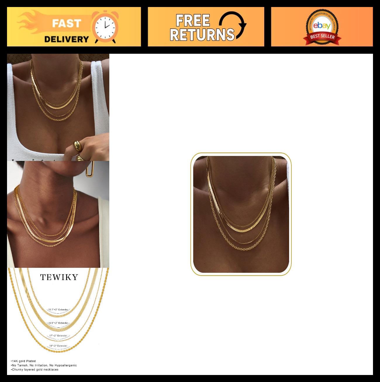 Layered Necklaces for Women – Chunky 14k Gold Plated Herringbone & Snake Chains,
