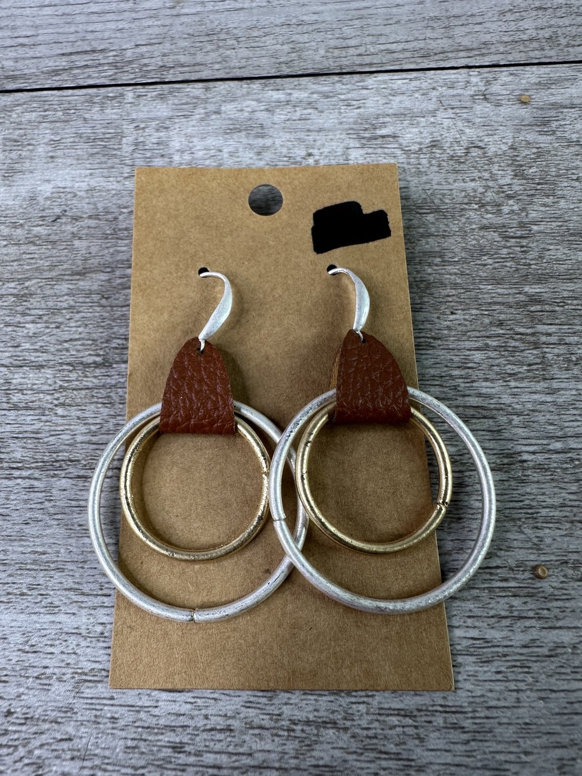 Faux Leather Mixed Metal Dangle Hoop Earrings 2.5″ Drop Silver Gold Tone