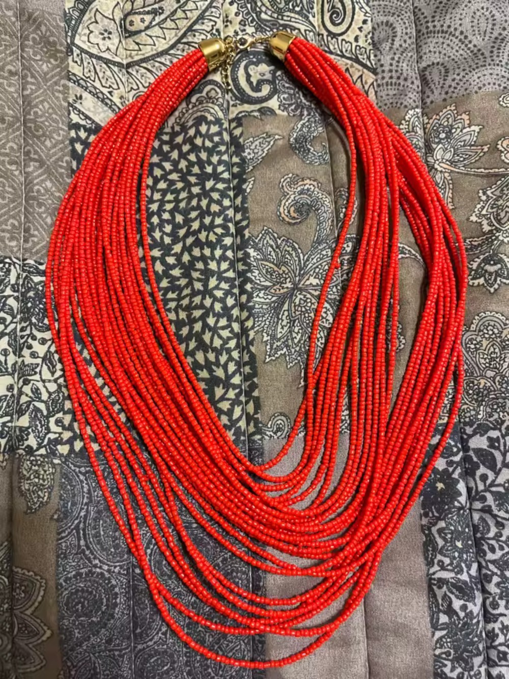 Multi Layer Red Beaded Bib Choker Necklace Chunky Boho Chic Statement Jewelry