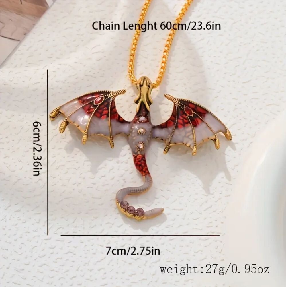 Black & Gray Enamel Dragon Pendant with Red Crystal Accents Silver Tone