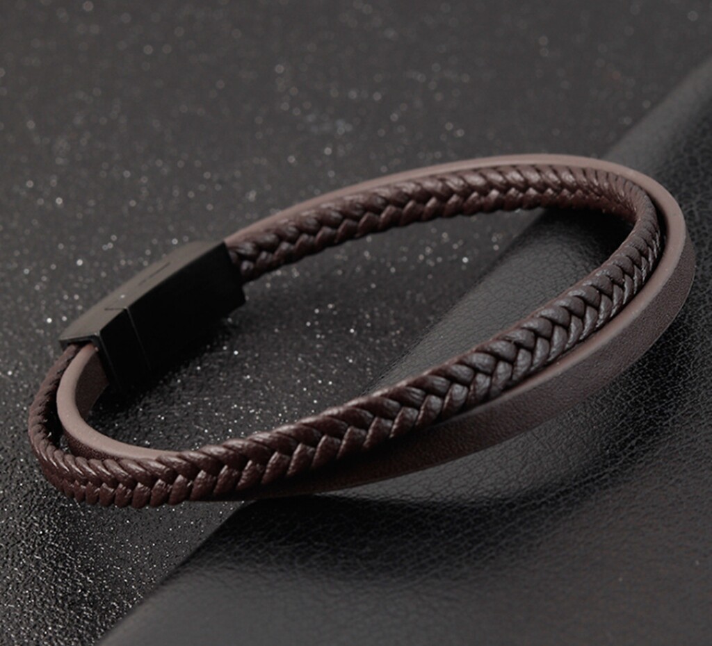 Men’s Women Black Braided 2 Bands Genuine Leather Bracelet Magnetic Bangle 8.2″