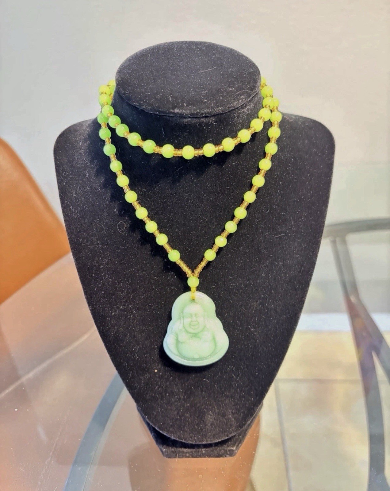 Green Chaldecony Big Belly Buddha W/plastic/resin Accent Beads
