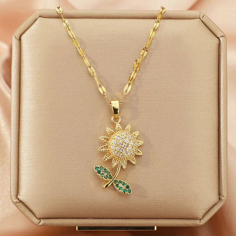 Gold Sunflower Necklace for Women, CZ Crystal Flower Pendant, Nature Jewelry