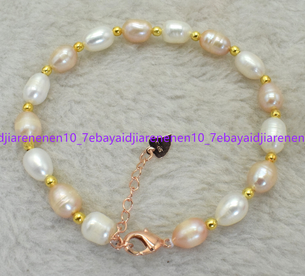 Natural 7-8/8-9/9-10mm White Pink Freshwater Rice Pearl Bracelet 7.5 in