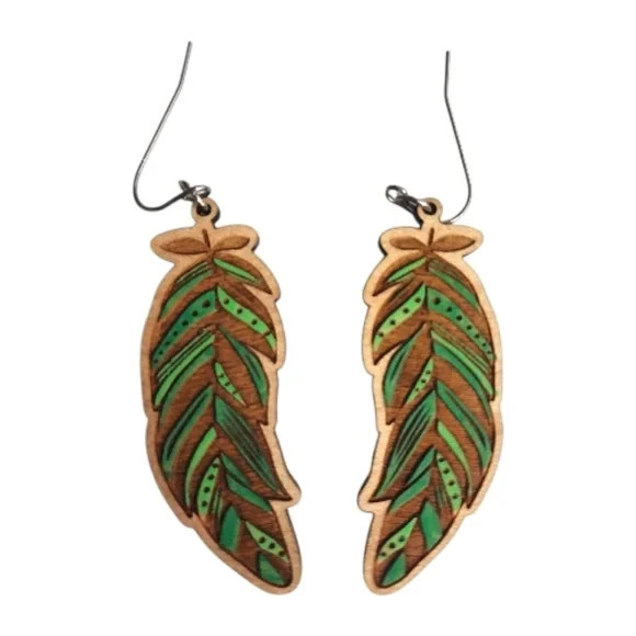 Forest Feather Glow Wood Drop Earrings