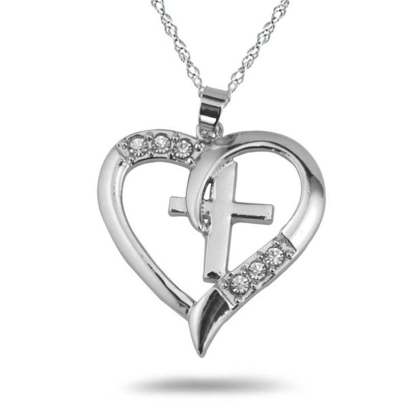 crystal CROSS LOVE HEART FAITH pendant 925 sterling SILVER 20″ necklace woman