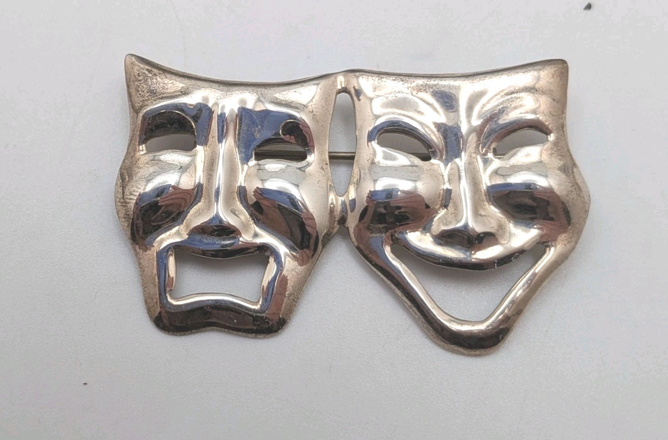 Vintage 925 Mexico Sterling Silver Comedy & Tragedy Mask Brooch Pin 8.6 grams
