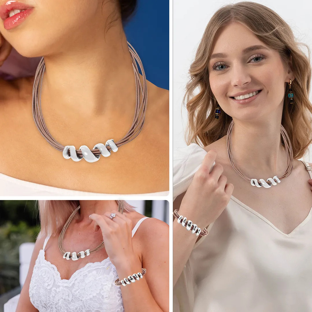 Beige Faux Leather Cord Stainless Steel Twist Bracelet 7″ and Necklace Set 16″