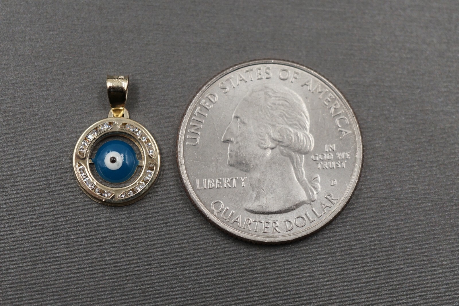 10K Solid Yellow Gold 0.65″ Circle Blue Evil Eyes Good Luck CZ Charm Pendant.