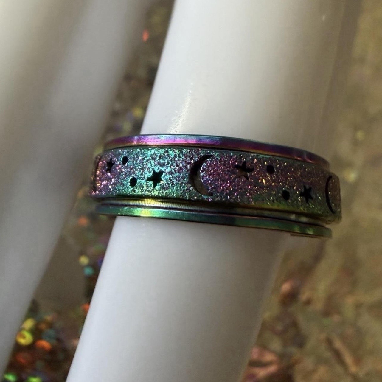 Celestial Rainbow Glitter Fidget Spinner Ring ~ Anti-Stress/Anti-anxiety
