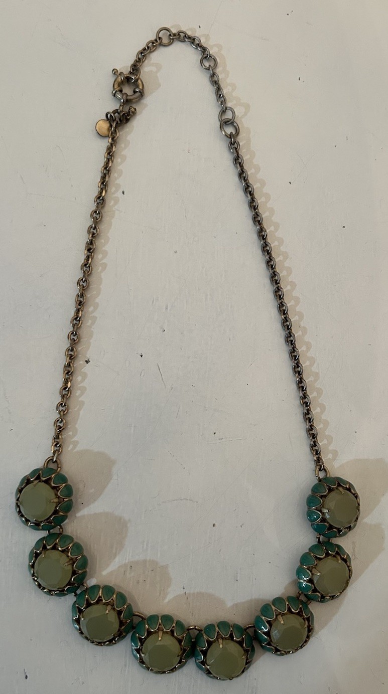 J Crew Scalloped Cupcake Necklace Green Stones & Enamel Gold Toned Metal