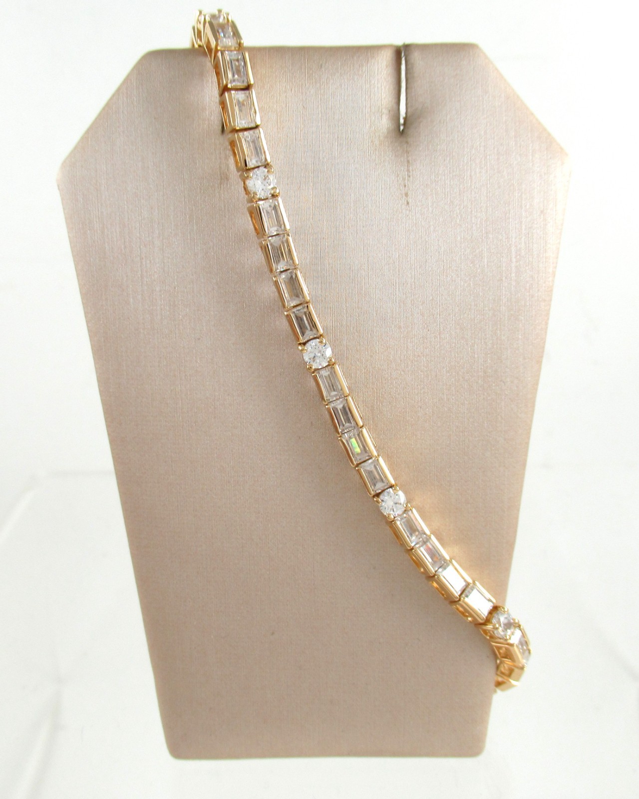 .925 Sterling Silver Yellow Gold Plated CZ Tennis Bracelet Round & Baguette 8″