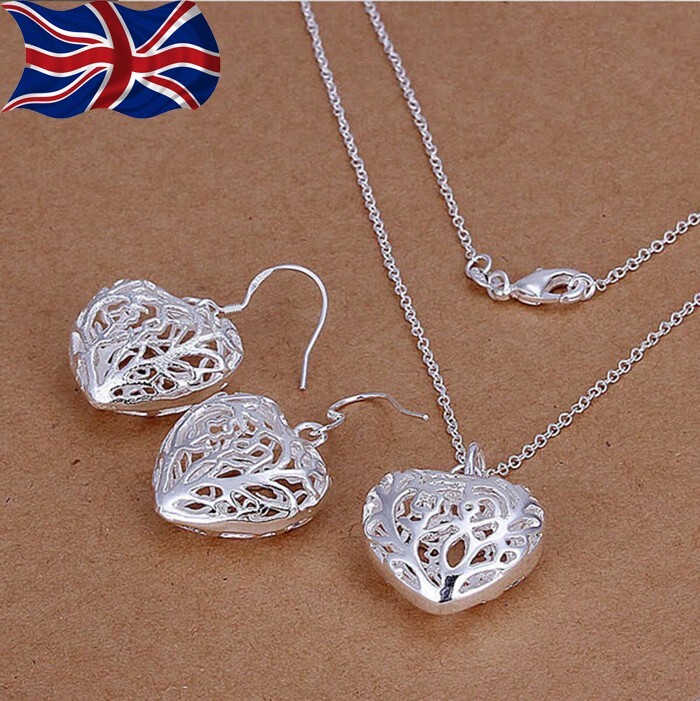 925 Sterling Silver Heart Necklace Earrings Set Filigree style Free Gift Bag
