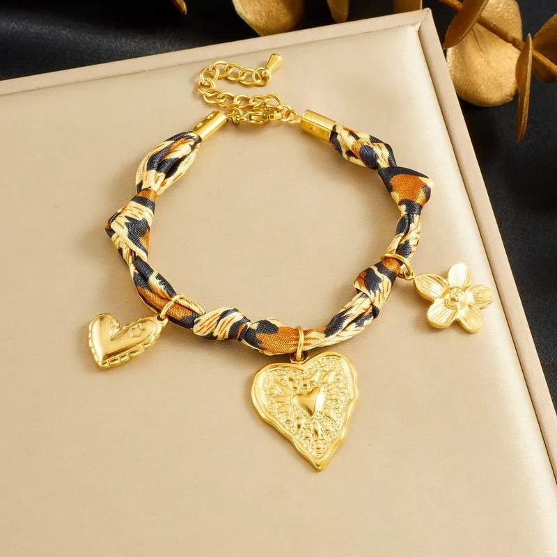 Charm Anklet Bracelet Twisted Braided Leopard Scarf Bandana Gold Plated Charms