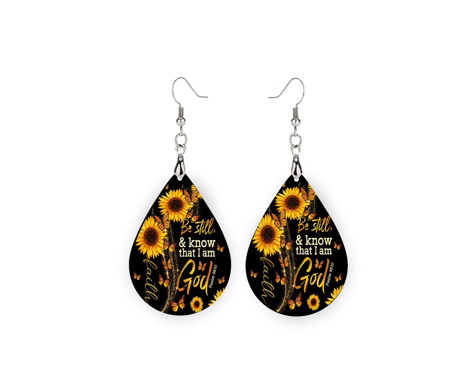 Be Still and Know that I am God Sunflowers Wood Tear Drop Earrings