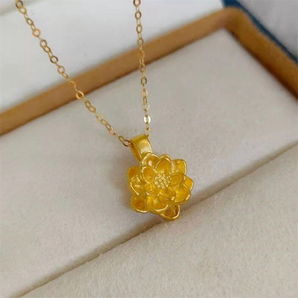 Real 24K Gold 3D Lotus Pendant 18K Gold O‑Chain Women Fine Necklace
