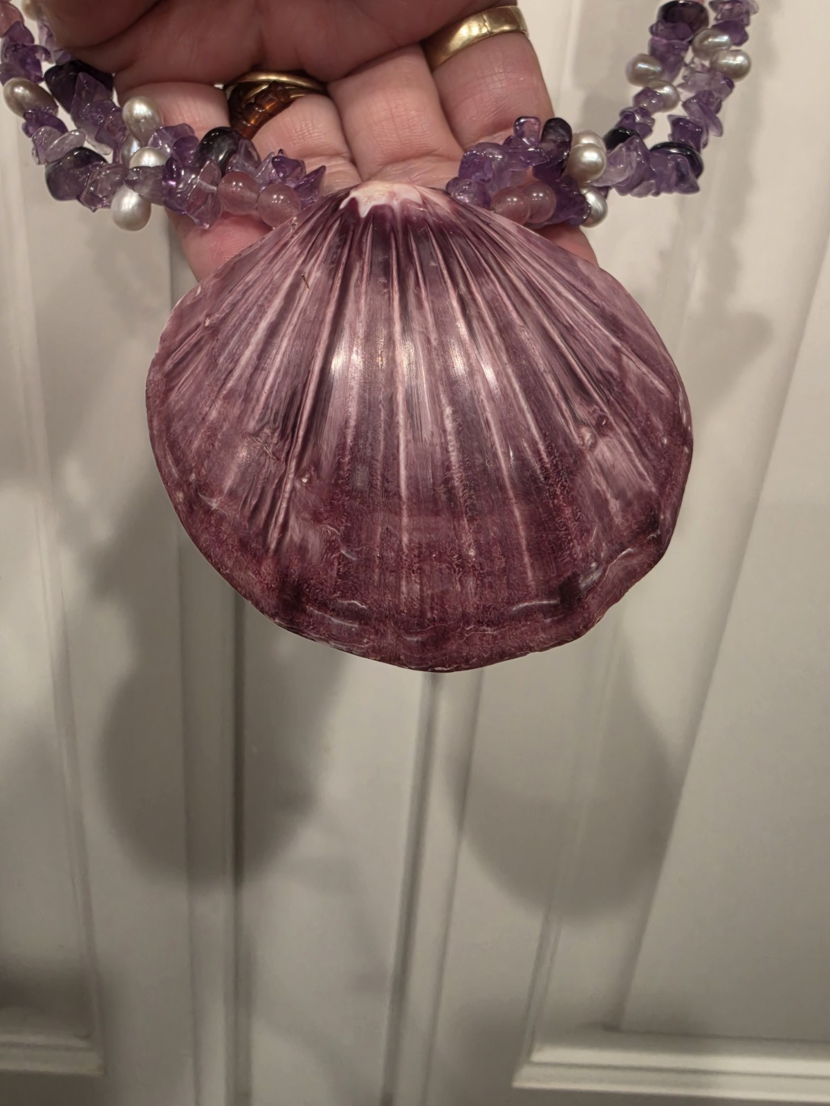 Purple Shell Pendant Beaded Necklace w/ Amethyst Chips & Pearls Beach Theme