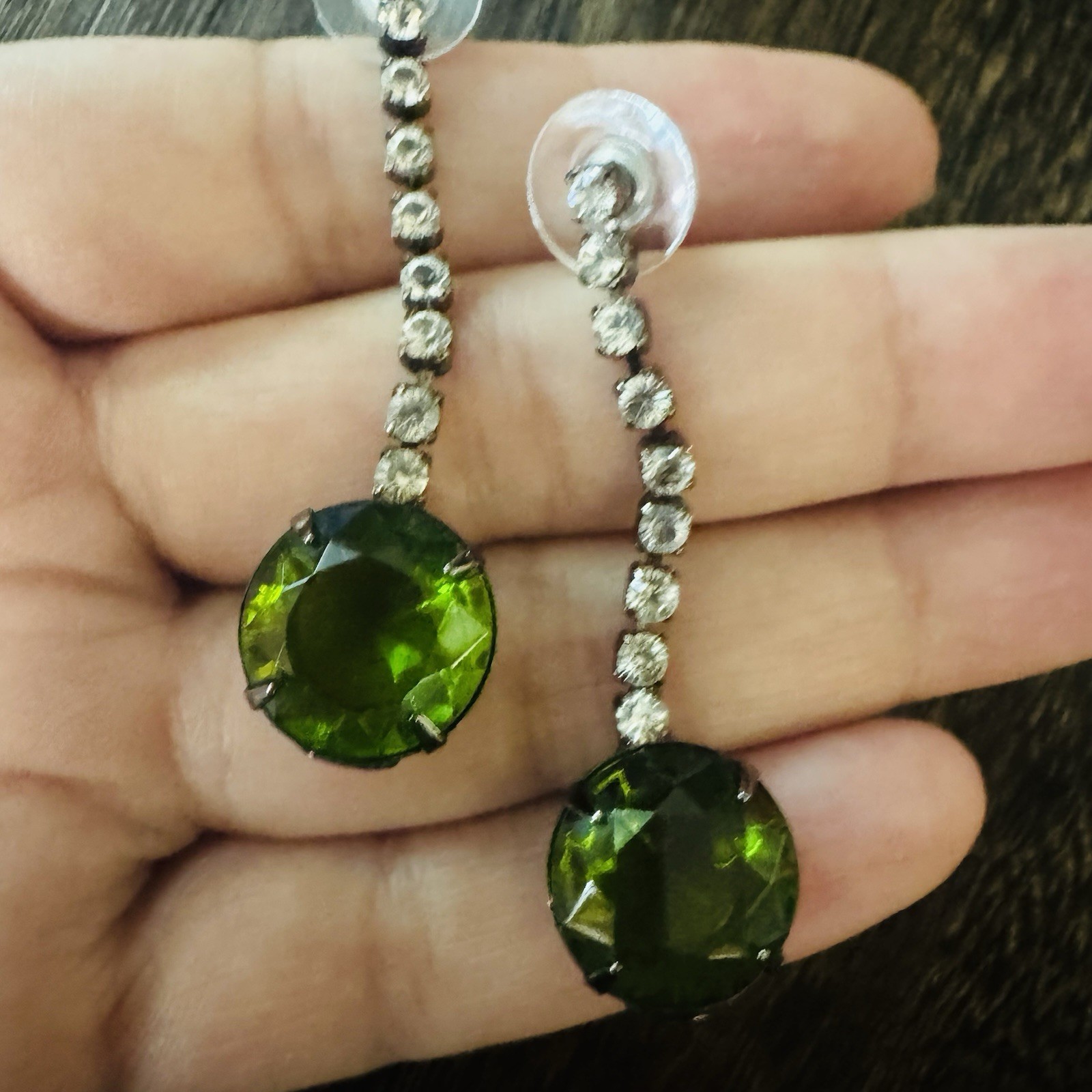Green Crystal Round Prong Set Dangle Drop Earrings Silver Butterfly Nickel-Free