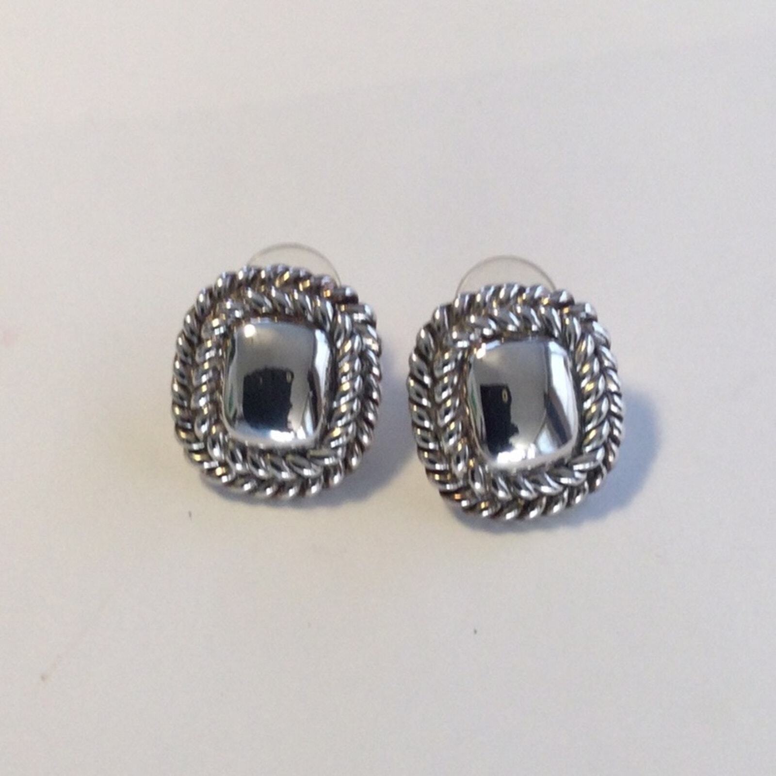 Vintage Silver Tone Double Rope Band Friction Back Earrings