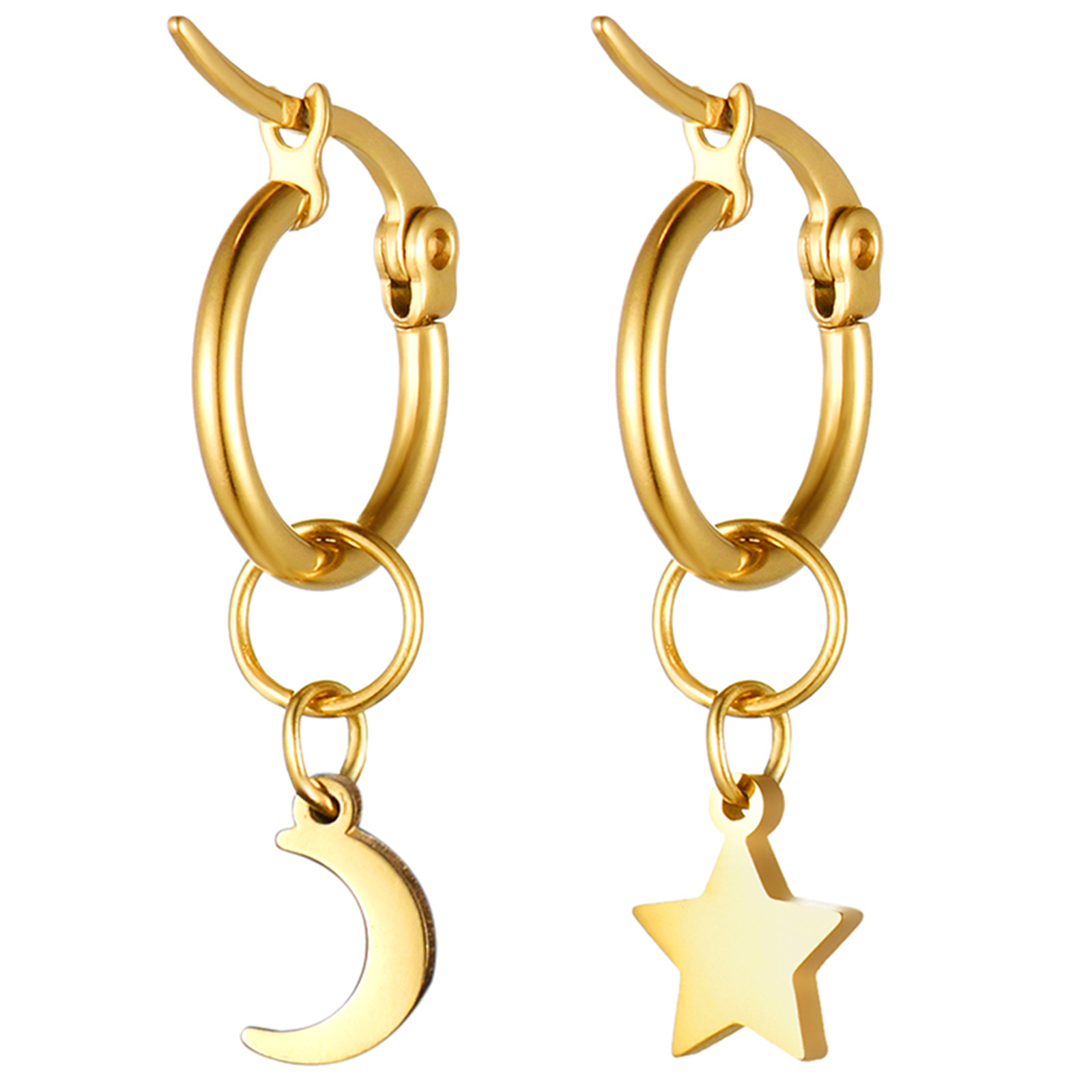 2Pcs Women Mens Stainless Steel Star Moon Asymmetrical Dangle Drop Hoop Earrings
