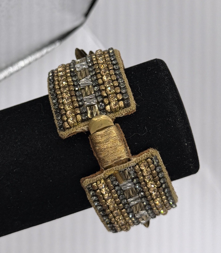 NWT Signed Deepa Gurnani Brass And Leather Bracelet With Stones 7.25”