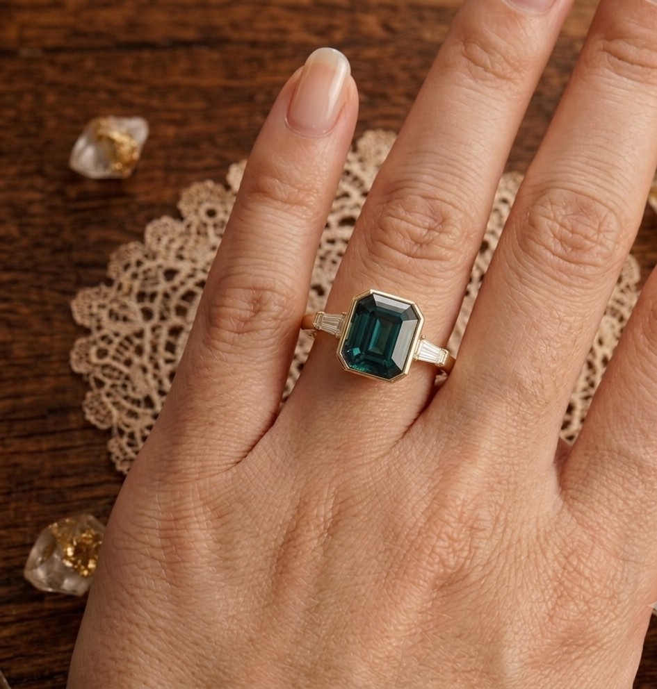 2.10 Cut Emerald Cut Natural Teal Sapphire Proposal Diamond Ring 14k Solid Gold