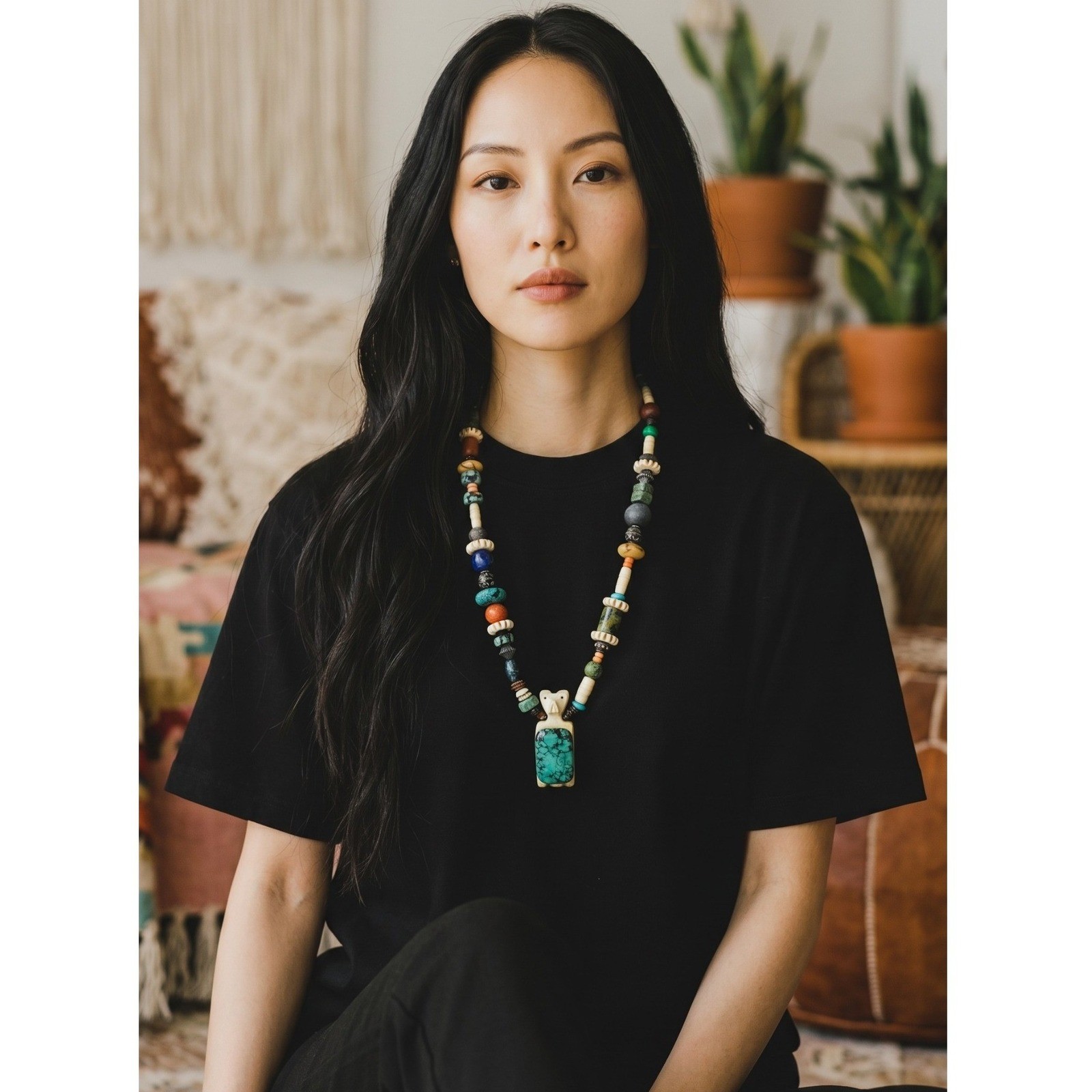 Handmade Beaded Bear Fetish Necklace Turquoise Lapis Bone Stone Southwestern